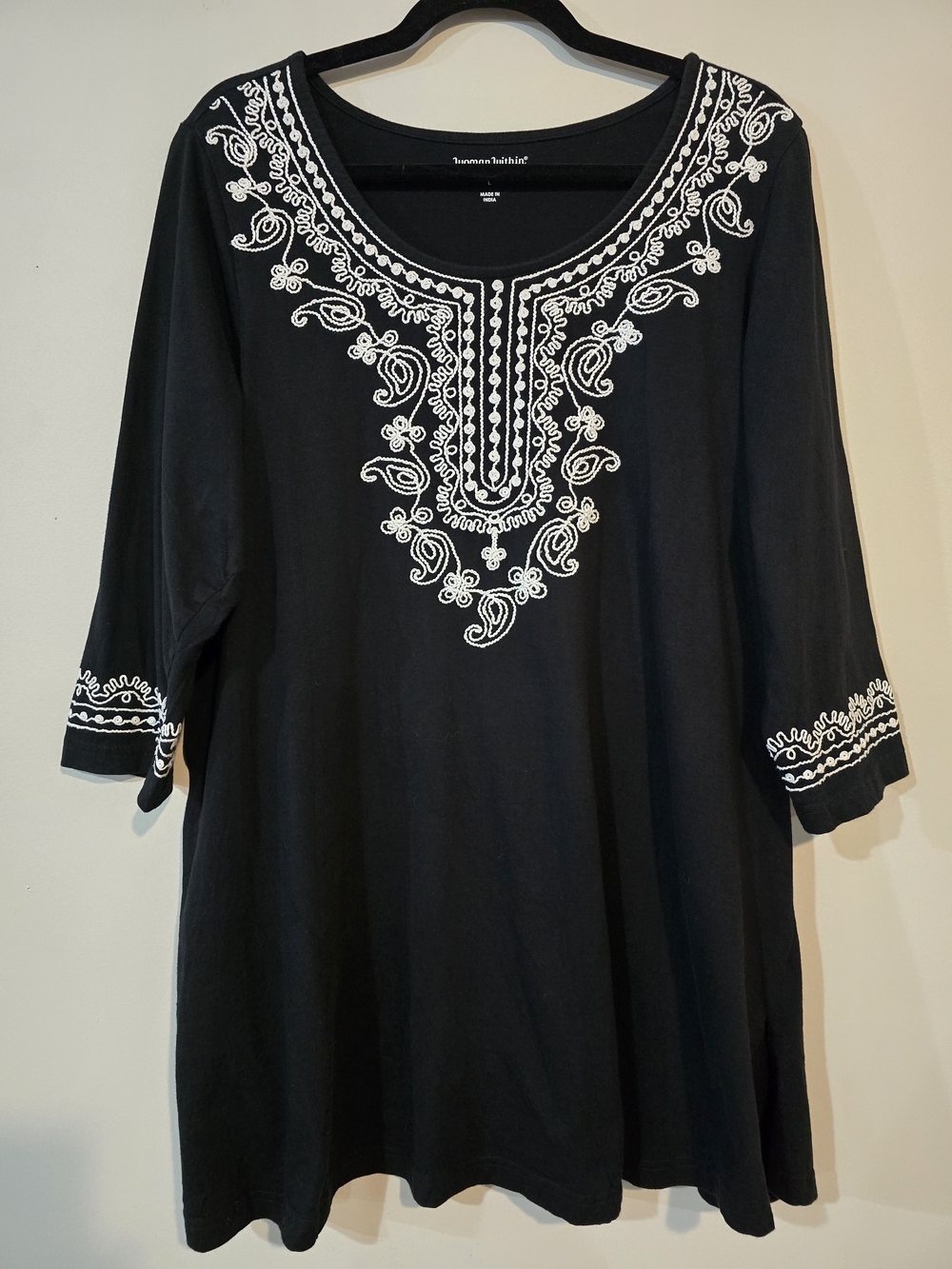 Woman Within Black Tunic with White Embroidered Yoke & 3/4 Sleeve. Size 18/20